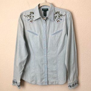 Ralph Lauren Jeans Co. Floral Embroidered Denim Pearl Snap Westen Shirt Rodeo
